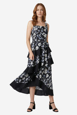 Melloday Square Neck Floral Midi Dress With Contrast Trim - Thumbnail 1